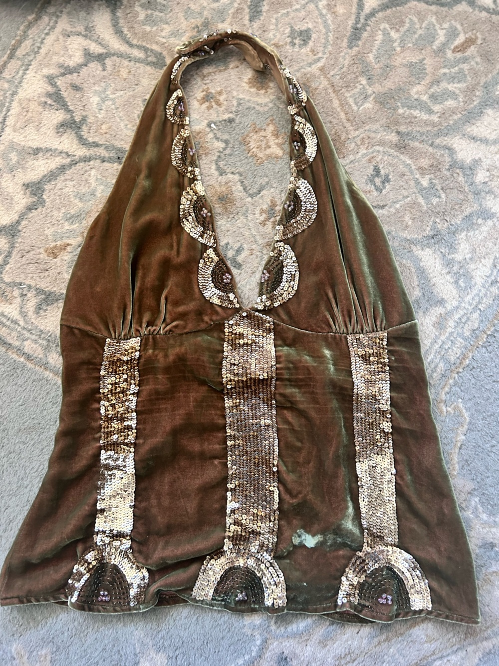 Vintage Y2K Silk Velvet beaded and sequin Halter Top - Picture 3 of 9